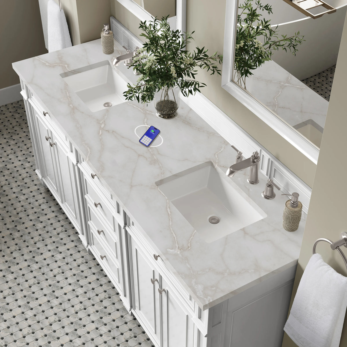 Bristol 72" Double Vanity, Bright White w/ 3 CM Victorian Silver Silestone Top w/FreePower Wireless Charger, view 9