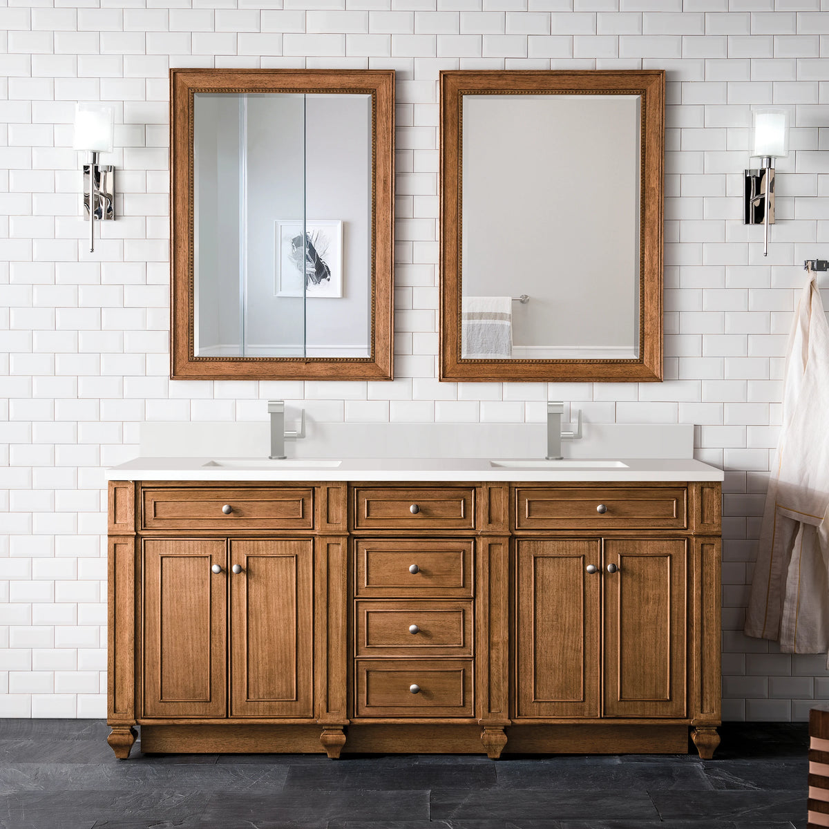 Bristol 72" Double Vanity, Saddle Brown w/ Single Hole 3 CM White Zeus Silestone Top & Backsplash, view 2