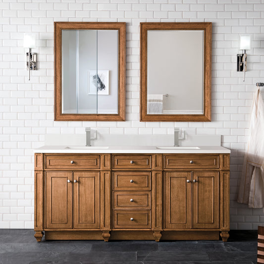 Bristol 72" Double Vanity, Saddle Brown w/ Single Hole 3 CM White Zeus Silestone Top & Backsplash, view 2