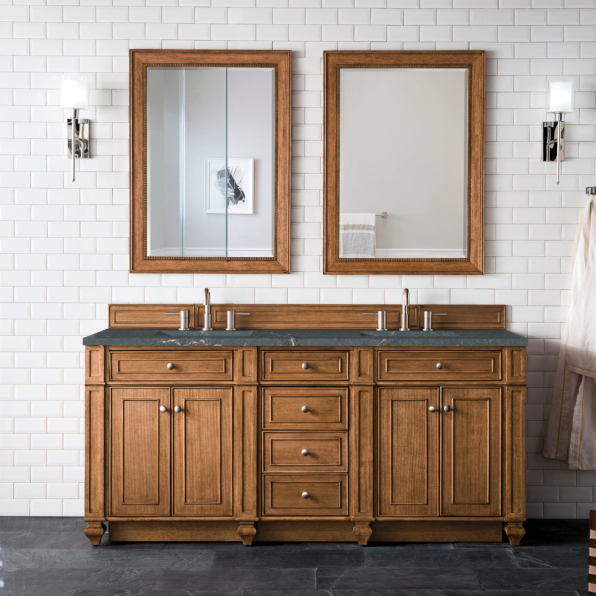 Bristol 72" Double Vanity, Saddle Brown w/ 3 CM Parisien Bleu Silestone Top w/FreePower Wireless Charger, view 5