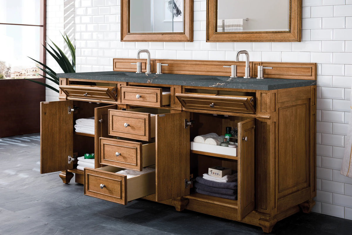Bristol 72" Double Vanity, Saddle Brown w/ 3 CM Parisien Bleu Silestone Top w/FreePower Wireless Charger, view 7