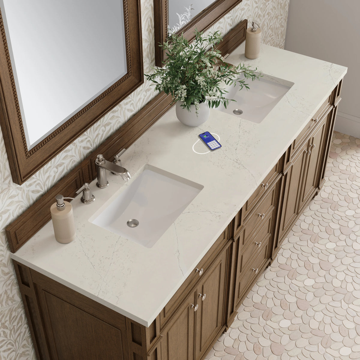 Bristol 72" Double Vanity, Saddle Brown, w/ 3 CM Siberian Silestone Top w/FreePower Wireless Charger, view 8