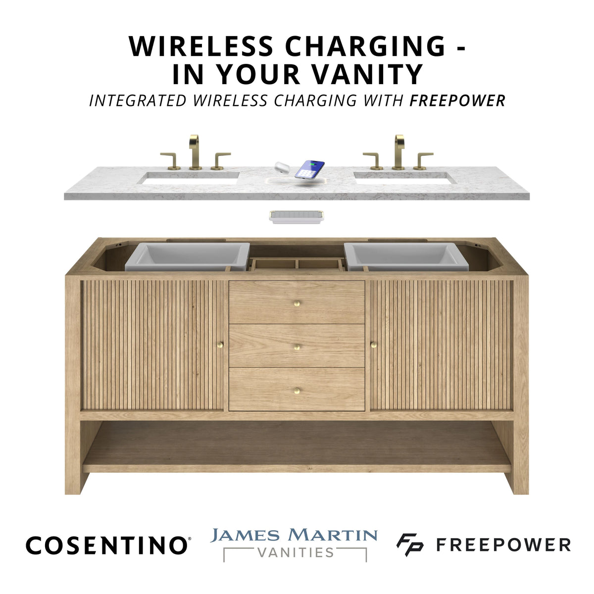Bristol 72" Double Vanity, Whitewashed Walnut, w/ 3 CM Siberian Silestone Top w/FreePower Wireless Charger, view 10