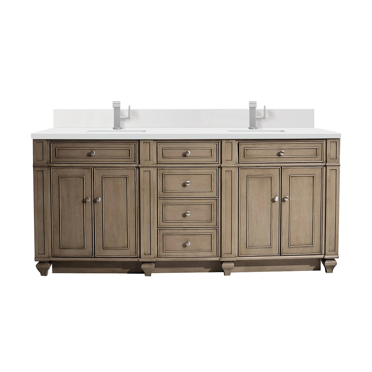 Bristol 72" Double Vanity, Whitewashed Walnut w/ Single Hole 3 CM White Zeus Silestone Top & Backsplash