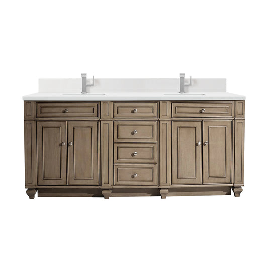 Bristol 72" Double Vanity, Whitewashed Walnut w/ Single Hole 3 CM White Zeus Silestone Top & Backsplash