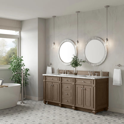 Bristol 72" Double Vanity, Whitewashed Walnut w/ 3 CM Carrara Marble Top, view 3