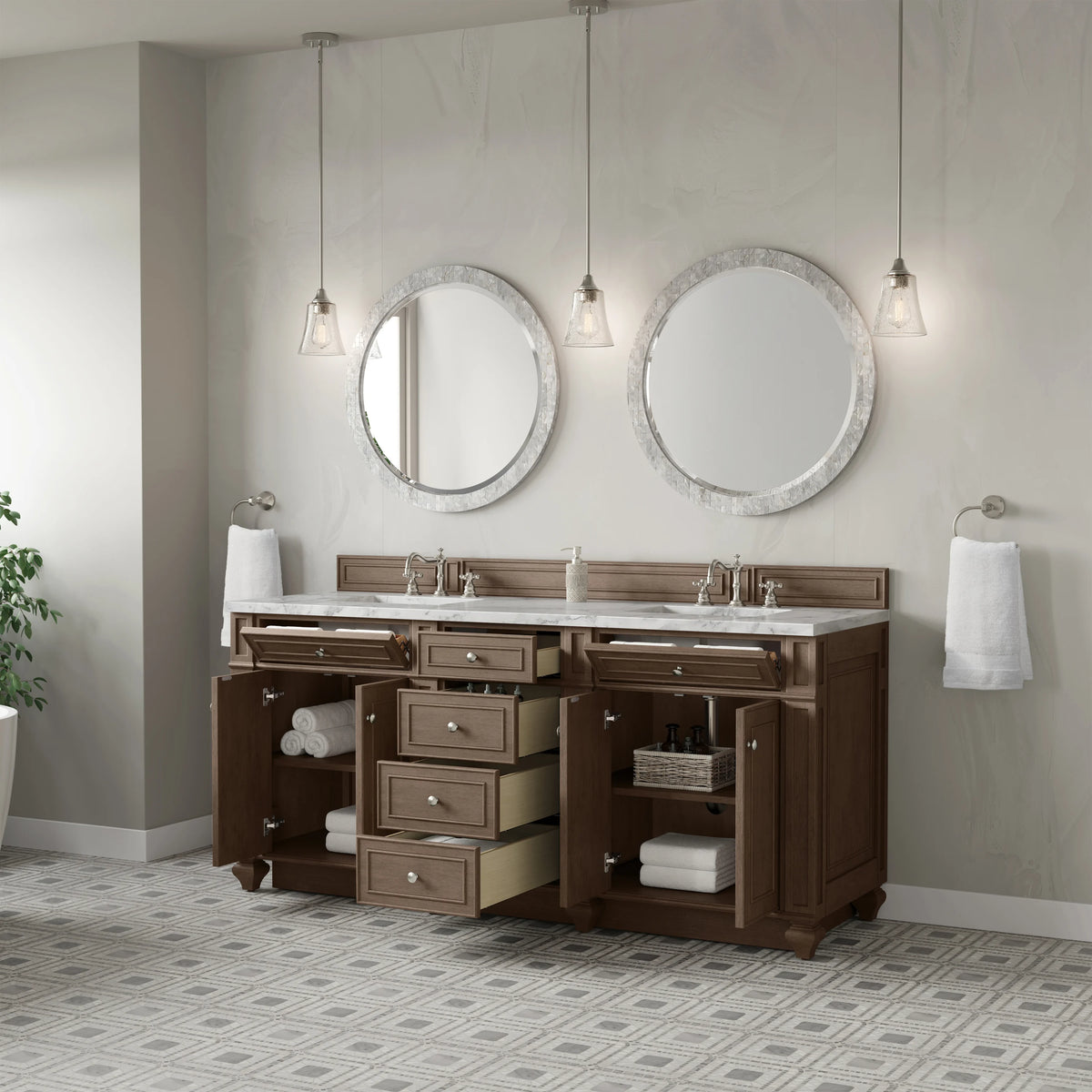 Bristol 72" Double Vanity, Whitewashed Walnut w/ 3 CM Carrara Marble Top, view 4