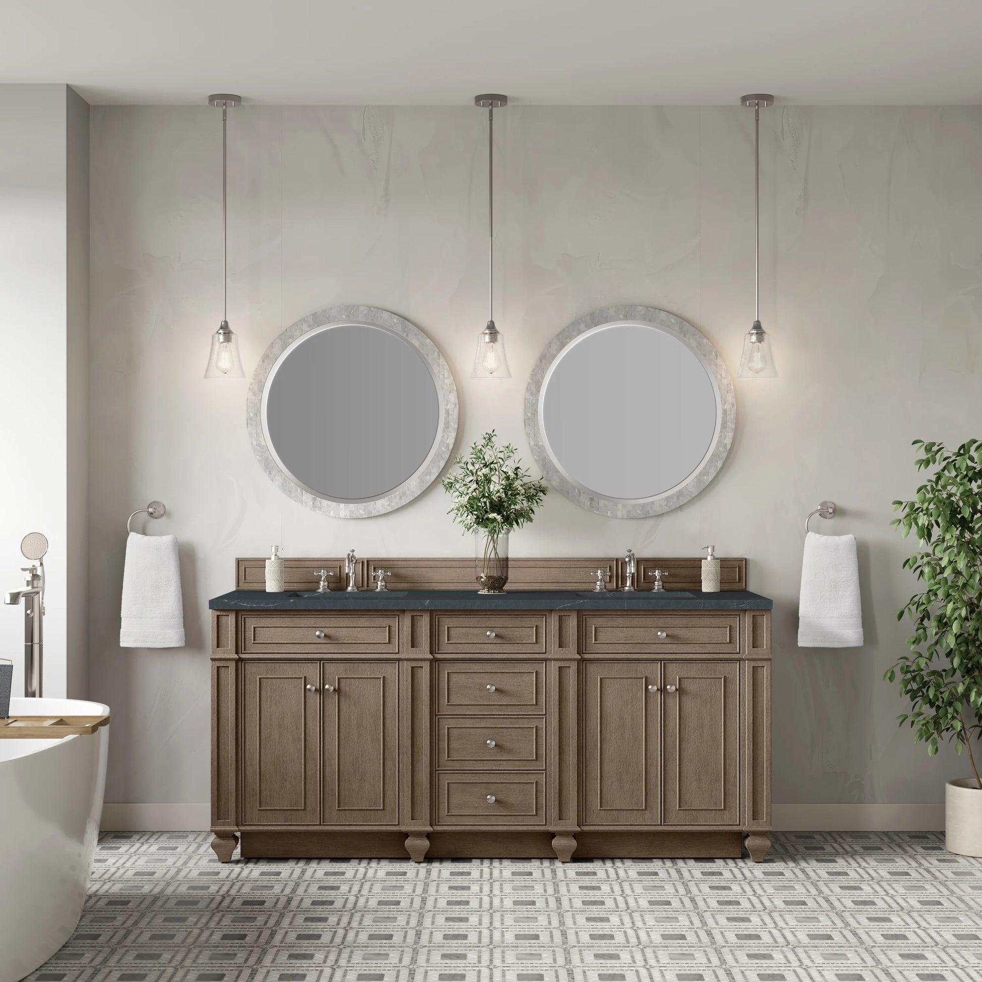 Bristol 72" Double Vanity, Whitewashed Walnut w/ 3 CM Charcoal Soapstone Silestone Top, view 2
