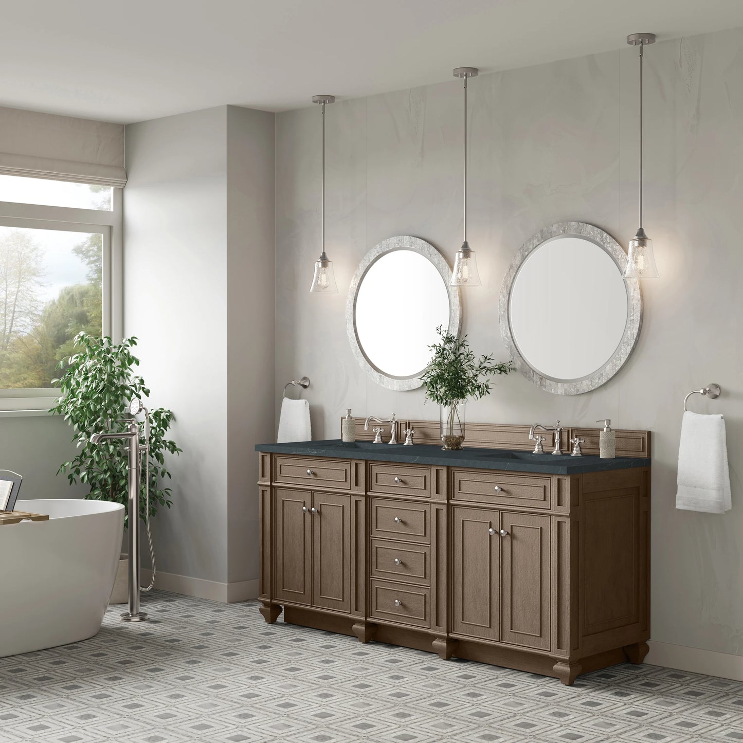 Bristol 72" Double Vanity, Whitewashed Walnut w/ 3 CM Charcoal Soapstone Silestone Top, view 3