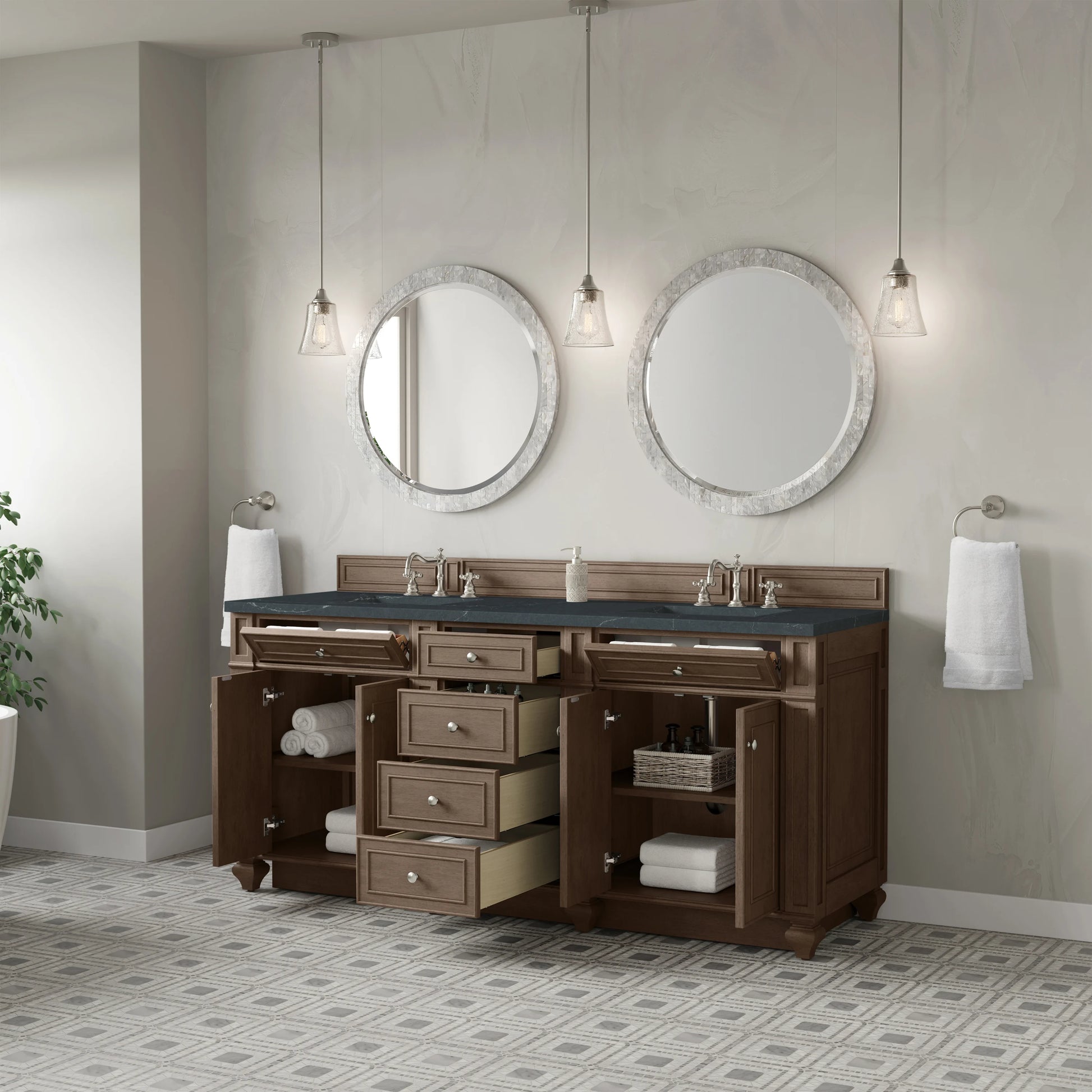 Bristol 72" Double Vanity, Whitewashed Walnut w/ 3 CM Charcoal Soapstone Silestone Top, view 4