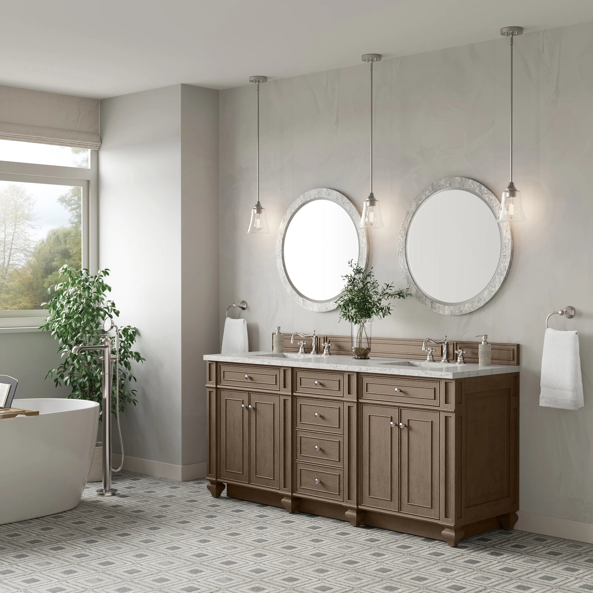 Bristol 72" Double Vanity, Whitewashed Walnut w/ 3 CM Eternal Jasmine Pearl Silestone Top, view 3