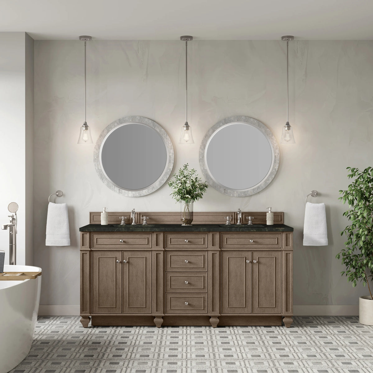Bristol 72" Double Vanity, Whitewashed Walnut, w/ 3 CM Phantome Eclos Top, view 2