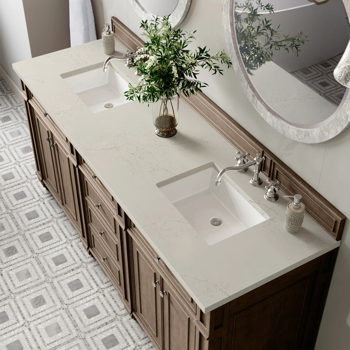 Bristol 72" Double Vanity, Whitewashed Walnut, w/ 3 CM Siberian Silestone Top, view 6