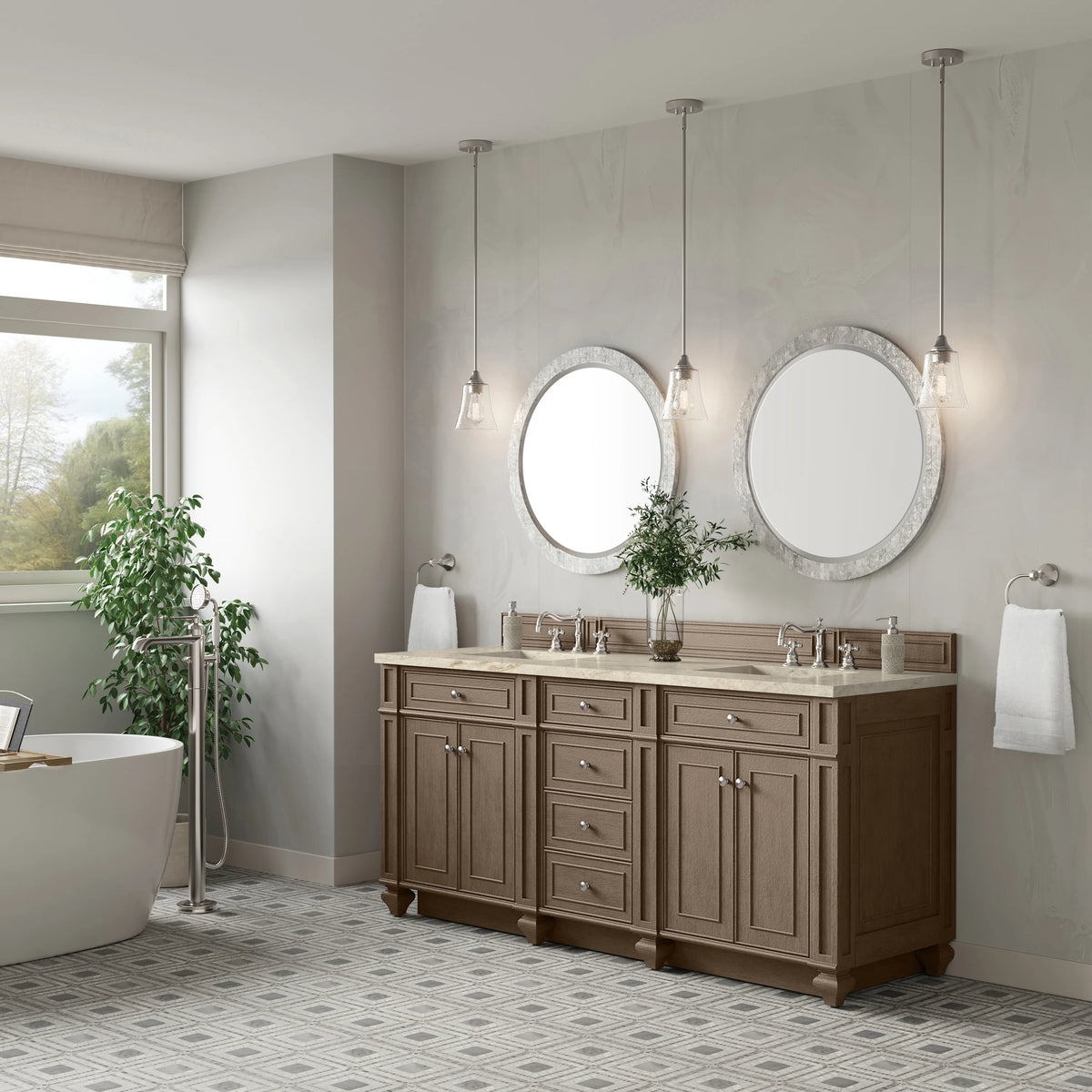 Bristol 72" Double Vanity, Whitewashed Walnut, w/ 3 CM Tajnar Eclos Top, view 3