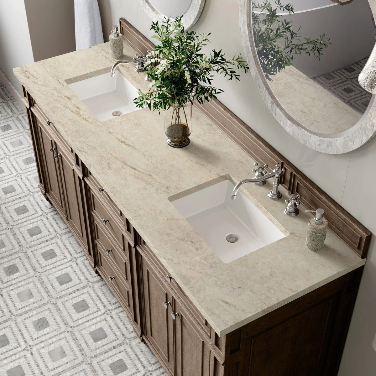 Bristol 72" Double Vanity, Whitewashed Walnut, w/ 3 CM Tajnar Eclos Top, view 6