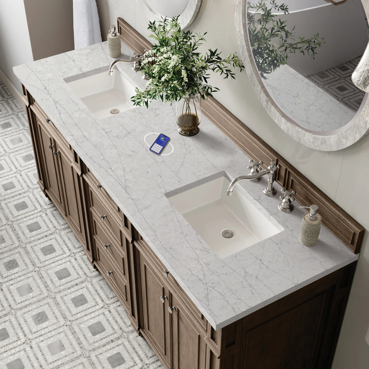 Bristol 72" Double Vanity, Whitewashed Walnut w/ 3 CM Eternal Jasmine Pearl Silestone Top w/FreePower Wireless, view 8