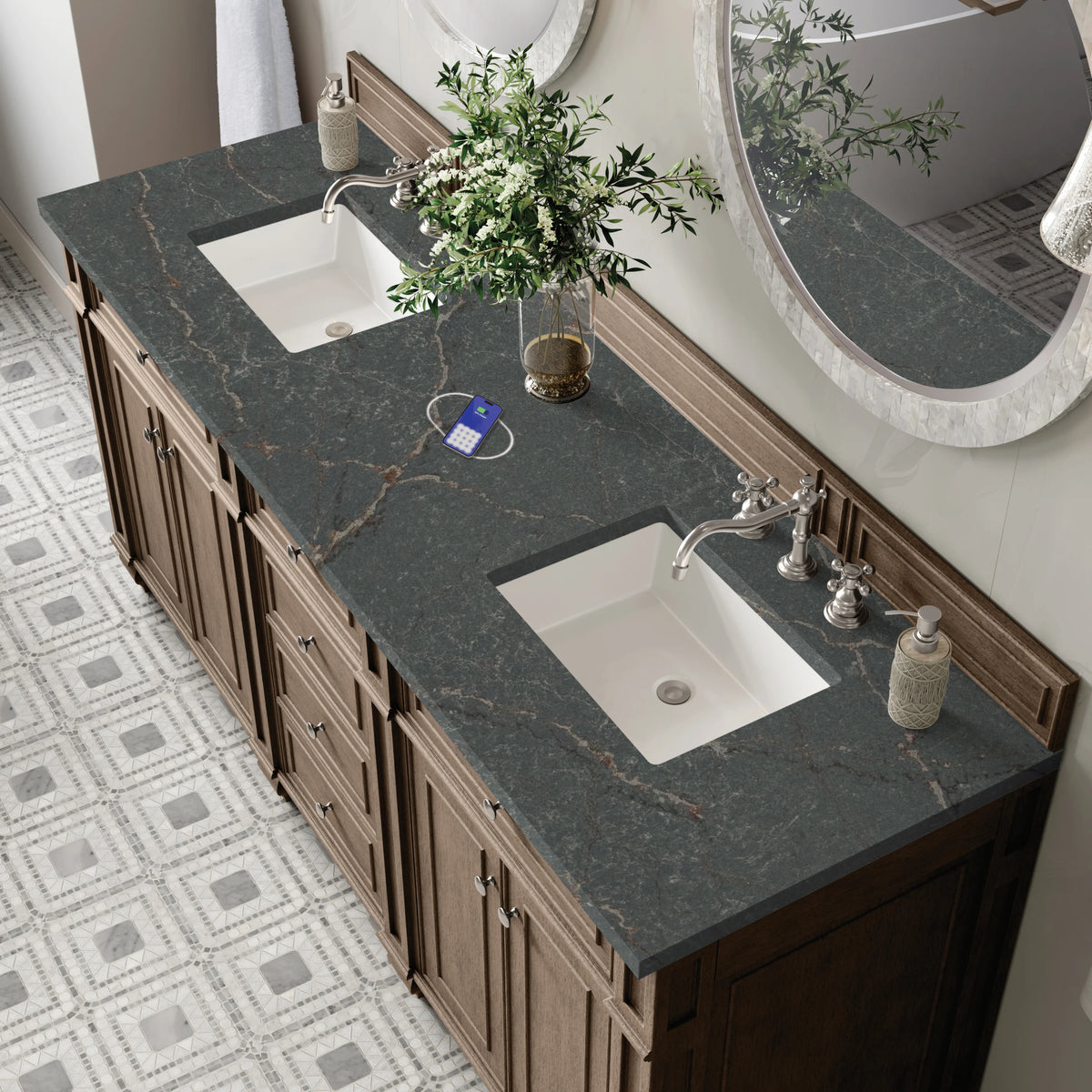 Bristol 72" Double Vanity, Whitewashed Walnut w/ 3 CM Parisien Bleu Silestone Top w/FreePower Wireless Charger, view 8
