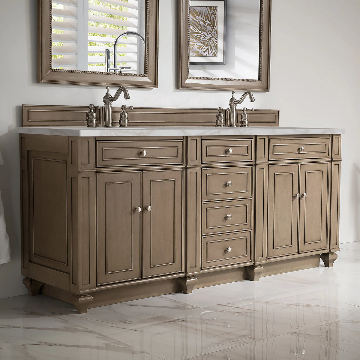 Bristol 72" Double Vanity, Whitewashed Walnut w/ 3 CM Victorian Silver Silestone Top w/FreePower Wireless Charg, view 5