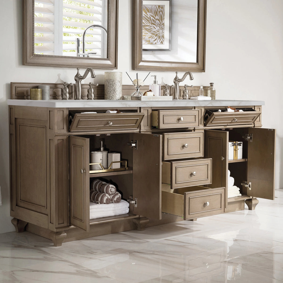 Bristol 72" Double Vanity, Whitewashed Walnut w/ 3 CM Victorian Silver Silestone Top w/FreePower Wireless Charg, view 6
