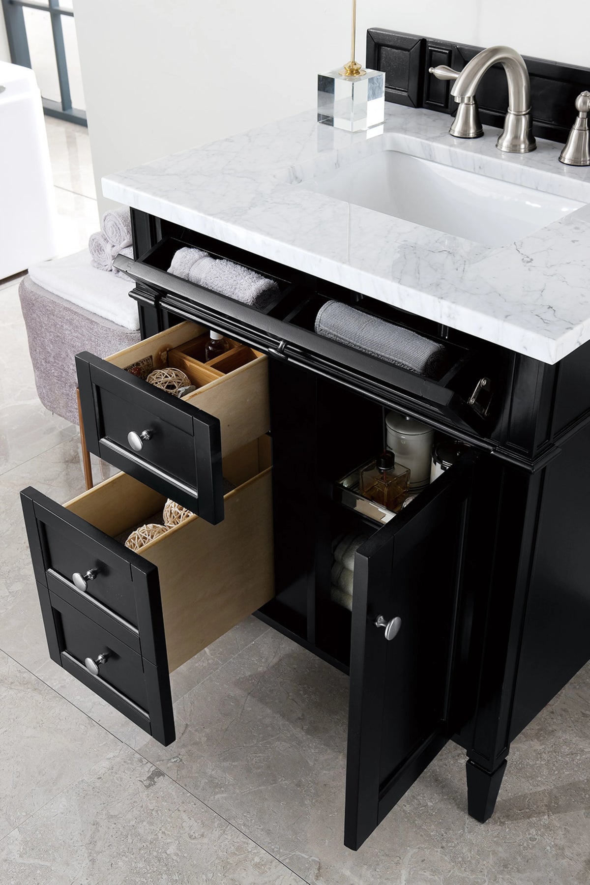 Brittany 30" Single Vanity, Black Onyx w/ 3 CM Carrara Marble Top, view 5