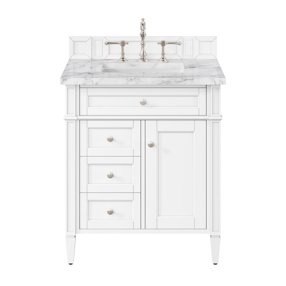 Brittany 30" Single Vanity, Bright White w/ 3 CM Carrara Marble Top