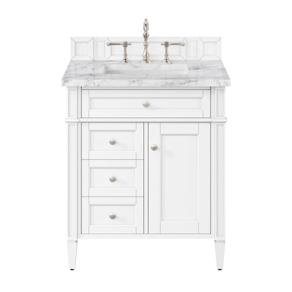 Brittany 30" Single Vanity, Bright White w/ 3 CM Carrara Marble Top