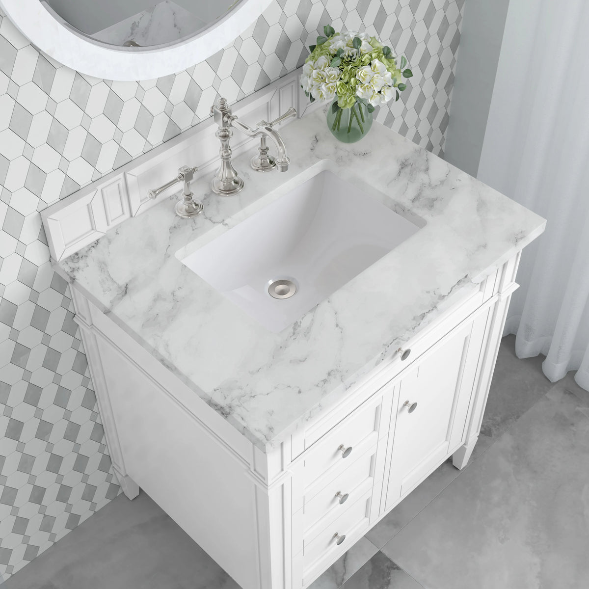 Brittany 30" Single Vanity, Bright White w/ 3 CM Carrara Marble Top, view 9