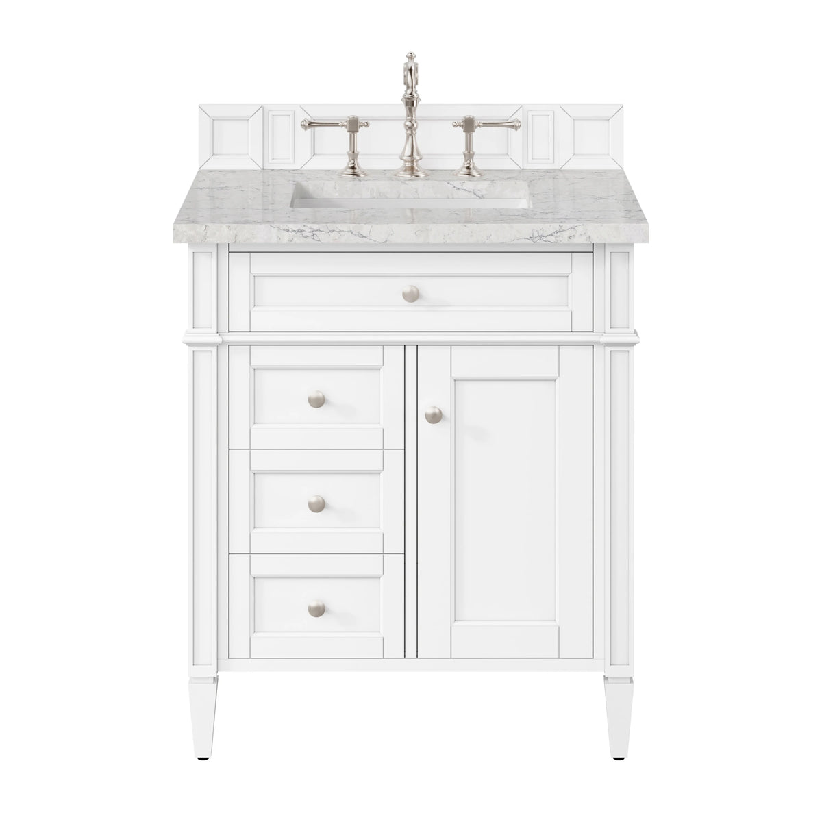 Brittany 30" Single Vanity, Bright White, w/ 3 CM Eternal Jasmine Pearl Silestone Top
