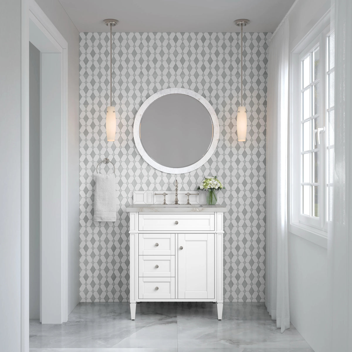 Brittany 30" Single Vanity, Bright White, w/ 3 CM Victorian Silver Silestone Top, view 3