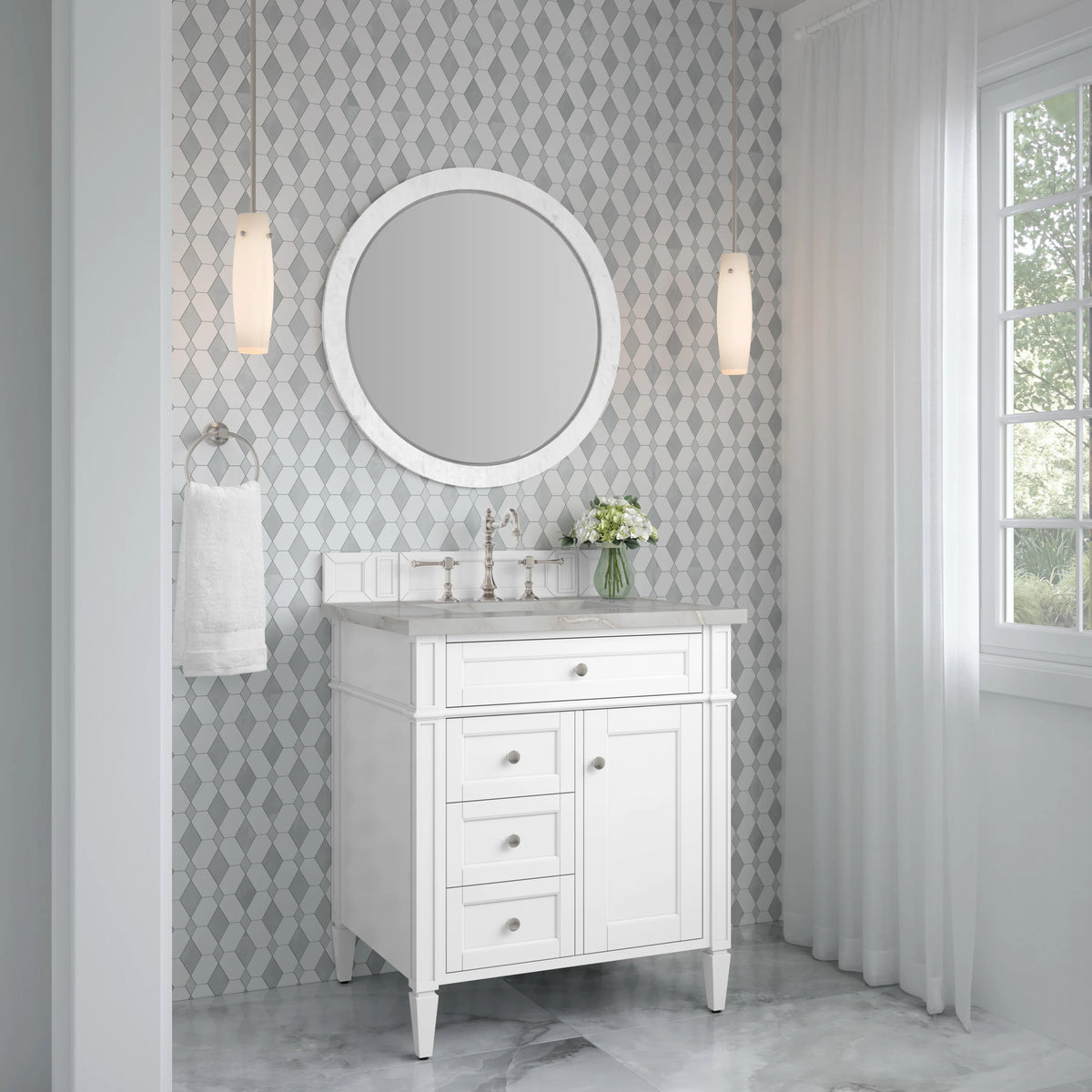 Brittany 30" Single Vanity, Bright White, w/ 3 CM Victorian Silver Silestone Top, view 4