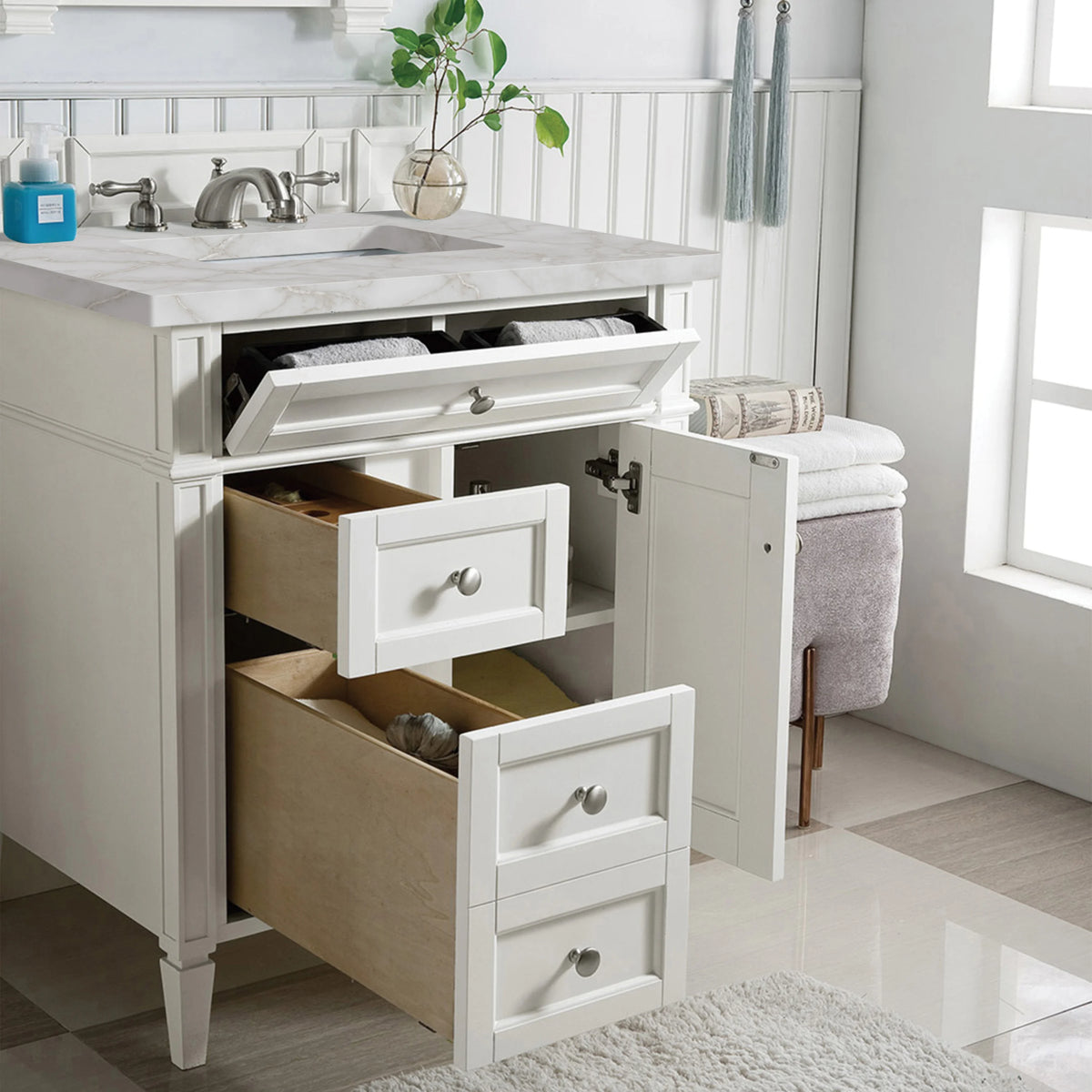 Brittany 30" Single Vanity, Bright White, w/ 3 CM Victorian Silver Silestone Top, view 5