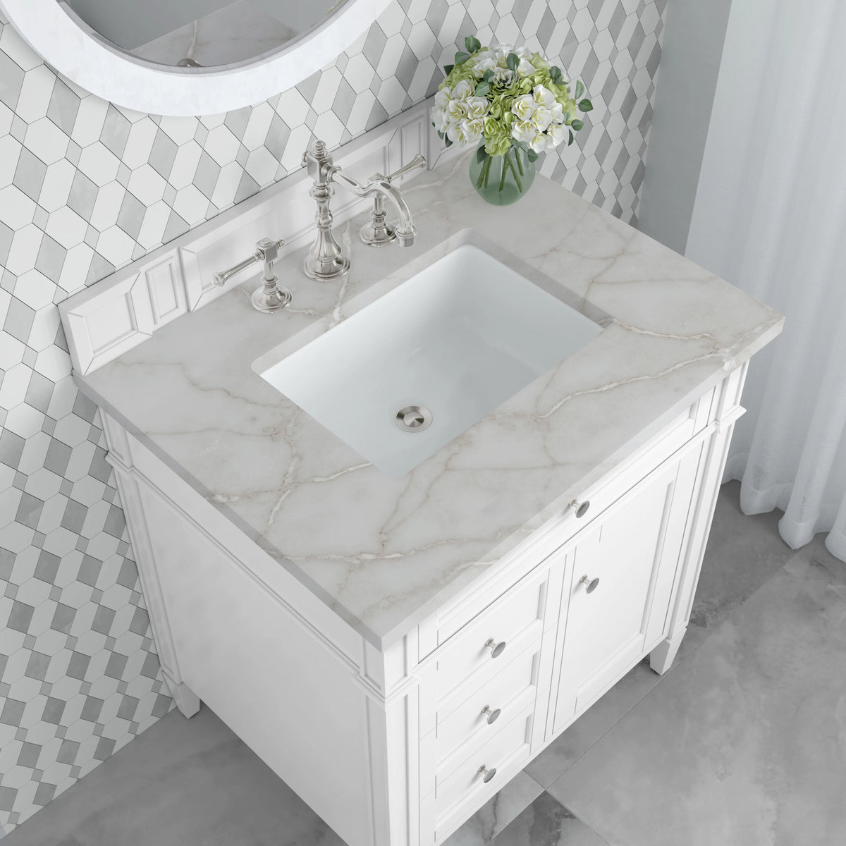 Brittany 30" Single Vanity, Bright White, w/ 3 CM Victorian Silver Silestone Top, view 7