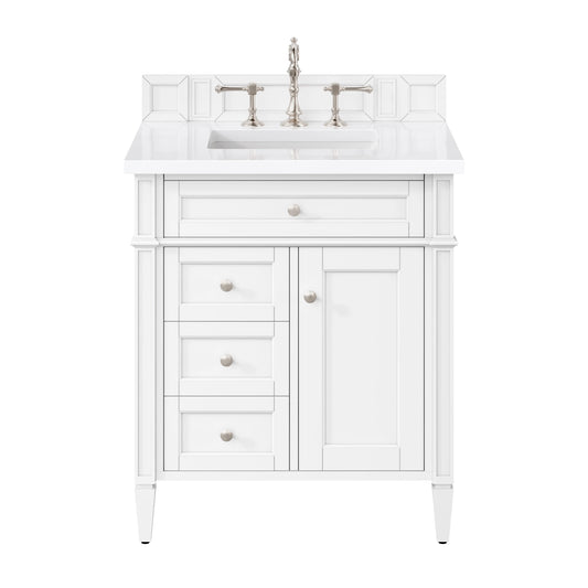 Brittany 30" Single Vanity, Bright White, w/ 3 CM White Zeus Silestone Top