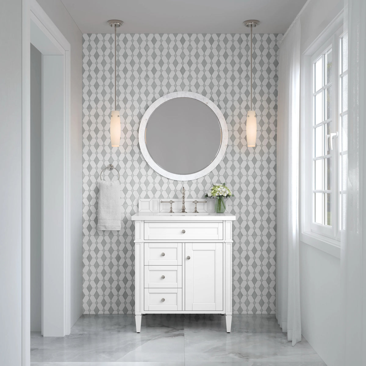 Brittany 30" Single Vanity, Bright White, w/ 3 CM White Zeus Silestone Top, view 3