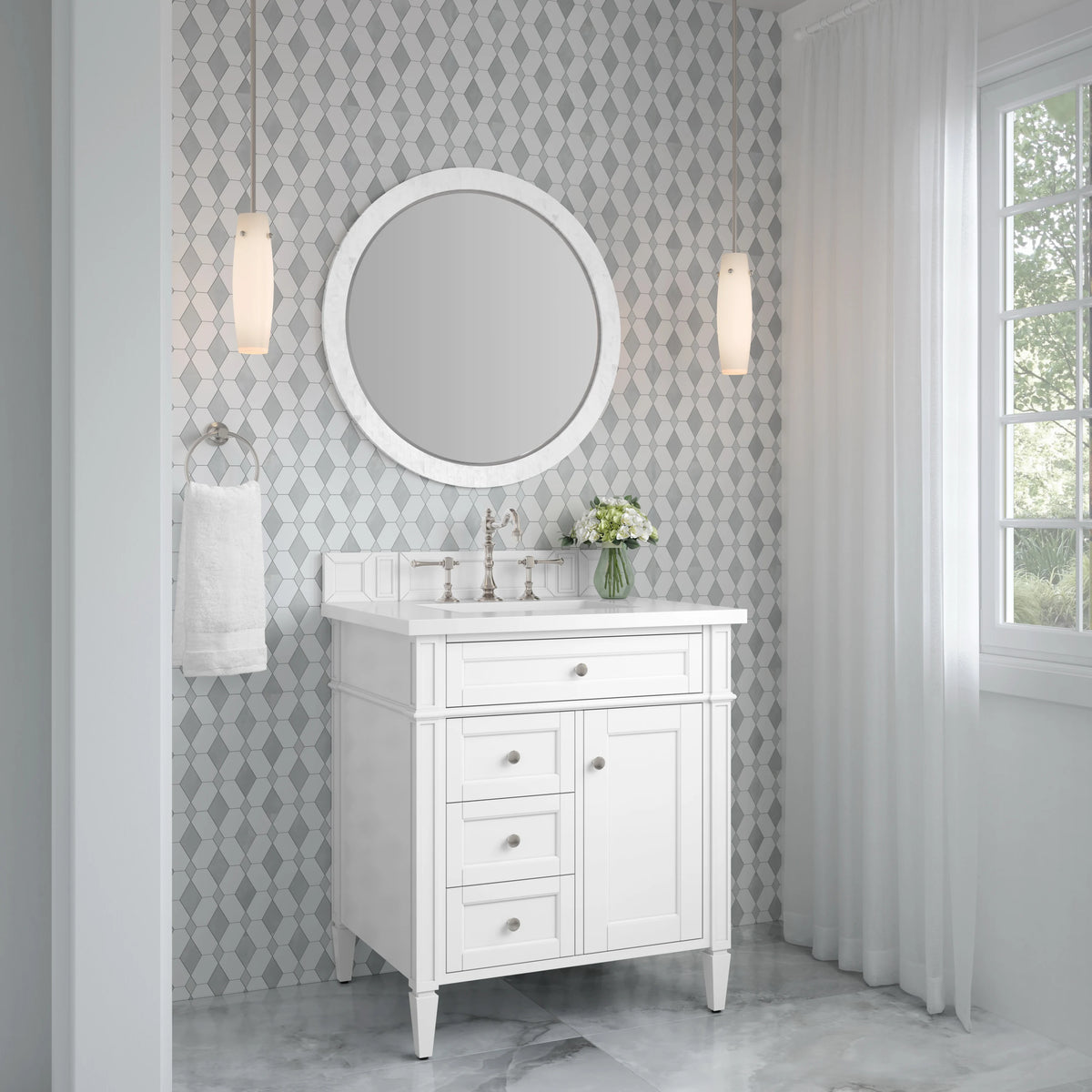 Brittany 30" Single Vanity, Bright White, w/ 3 CM White Zeus Silestone Top, view 4