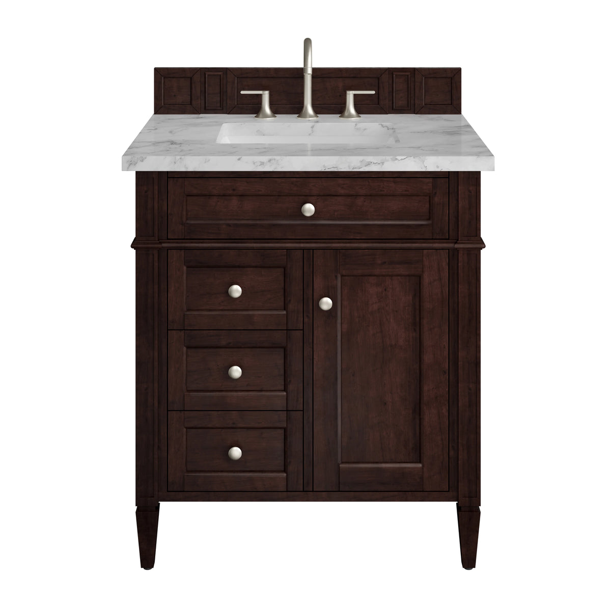 Brittany 30" Single Vanity, Burnished Mahogany w/ 3 CM Carrara Marble Top