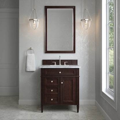 Brittany 30" Single Vanity, Burnished Mahogany w/ 3 CM Carrara Marble Top, view 2