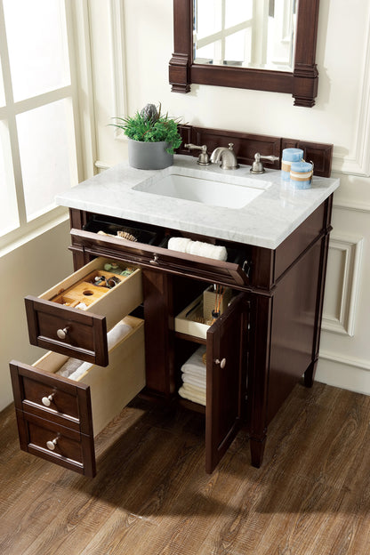 Brittany 30" Single Vanity, Burnished Mahogany w/ 3 CM Carrara Marble Top, view 4