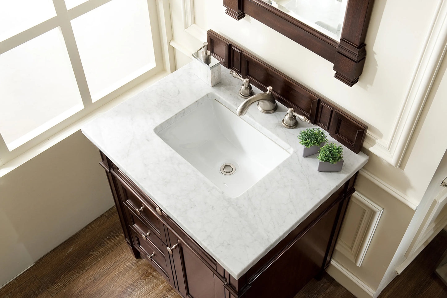 Brittany 30" Single Vanity, Burnished Mahogany w/ 3 CM Carrara Marble Top, view 5