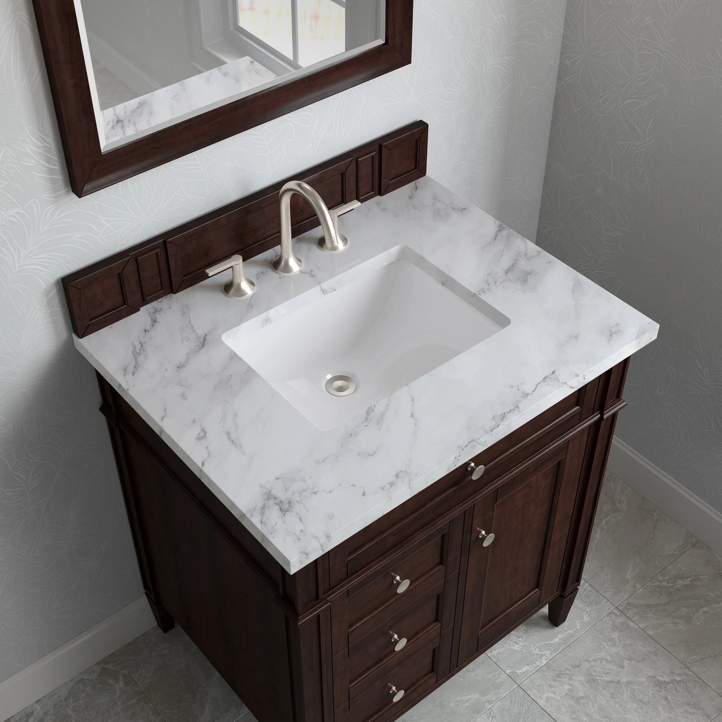 Brittany 30" Single Vanity, Burnished Mahogany w/ 3 CM Carrara Marble Top, view 8