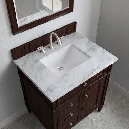 Brittany 30" Single Vanity, Burnished Mahogany w/ 3 CM Carrara Marble Top, view 8