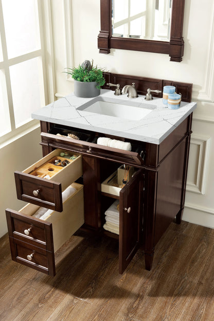 Brittany 30" Single Vanity, Burnished Mahogany, w/ 3 CM Ethereal Noctis Silestone Top, view 4