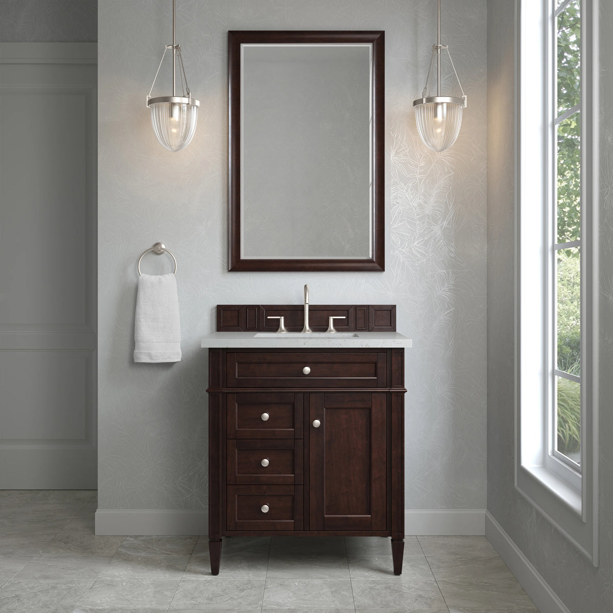 Brittany 30" Single Vanity, Burnished Mahogany, w/ 3 CM Lime Delight Silestone Top, view 2