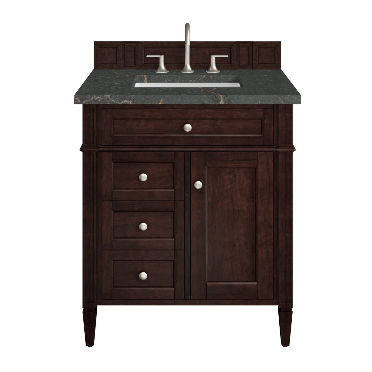 Brittany 30" Single Vanity, Burnished Mahogany, w/ 3 CM Parisien Bleu Silestone Top