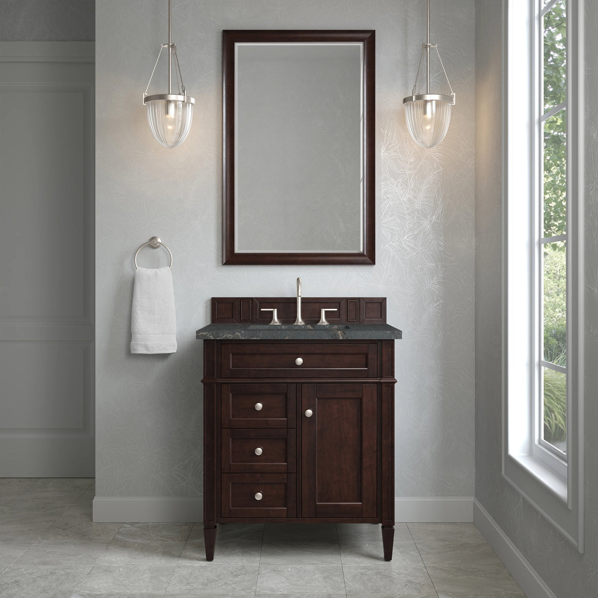 Brittany 30" Single Vanity, Burnished Mahogany, w/ 3 CM Parisien Bleu Silestone Top, view 2