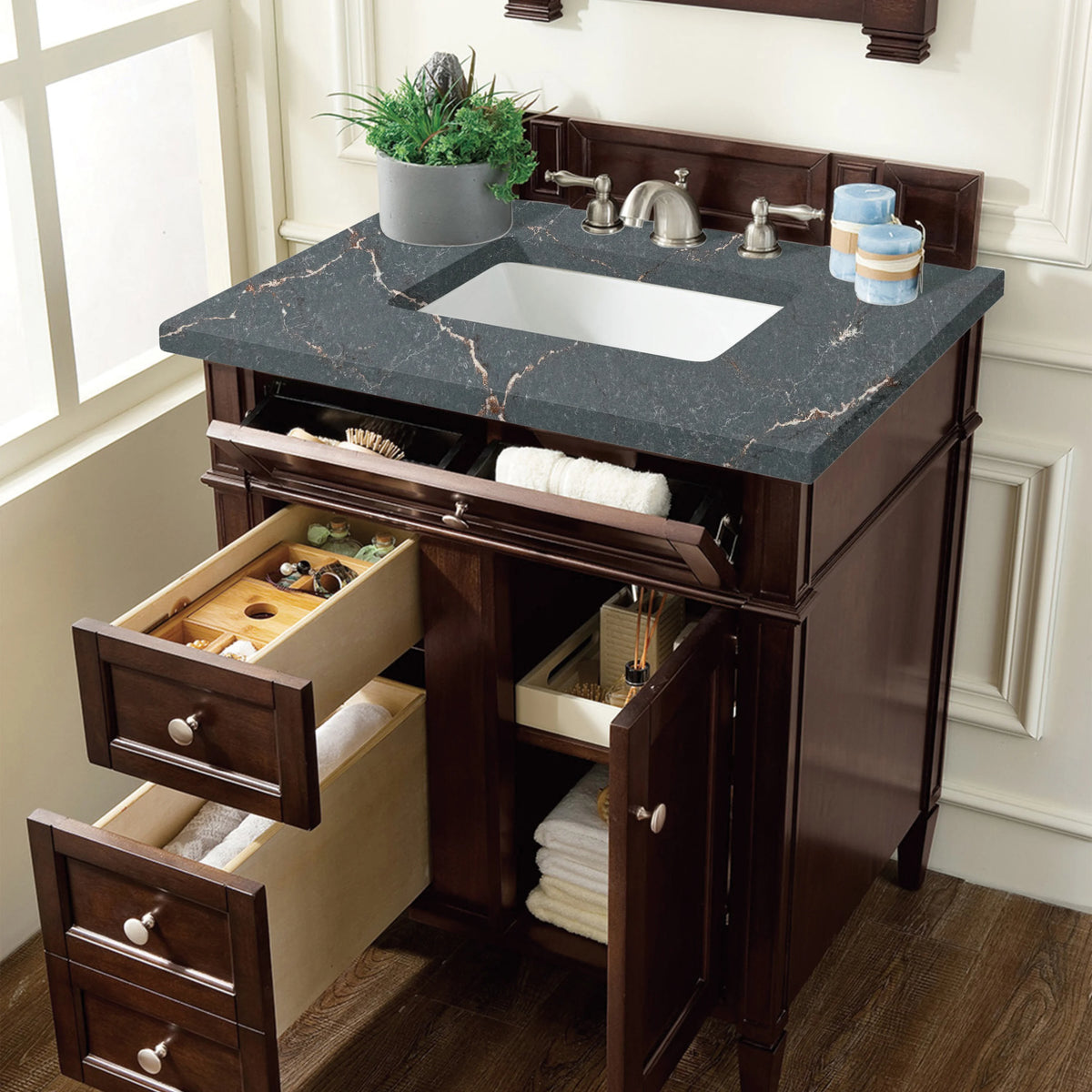 Brittany 30" Single Vanity, Burnished Mahogany, w/ 3 CM Parisien Bleu Silestone Top, view 4