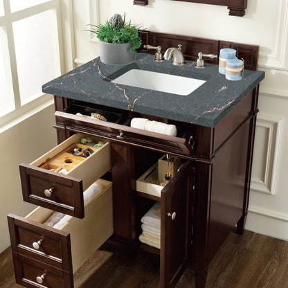 Brittany 30" Single Vanity, Burnished Mahogany, w/ 3 CM Parisien Bleu Silestone Top, view 4