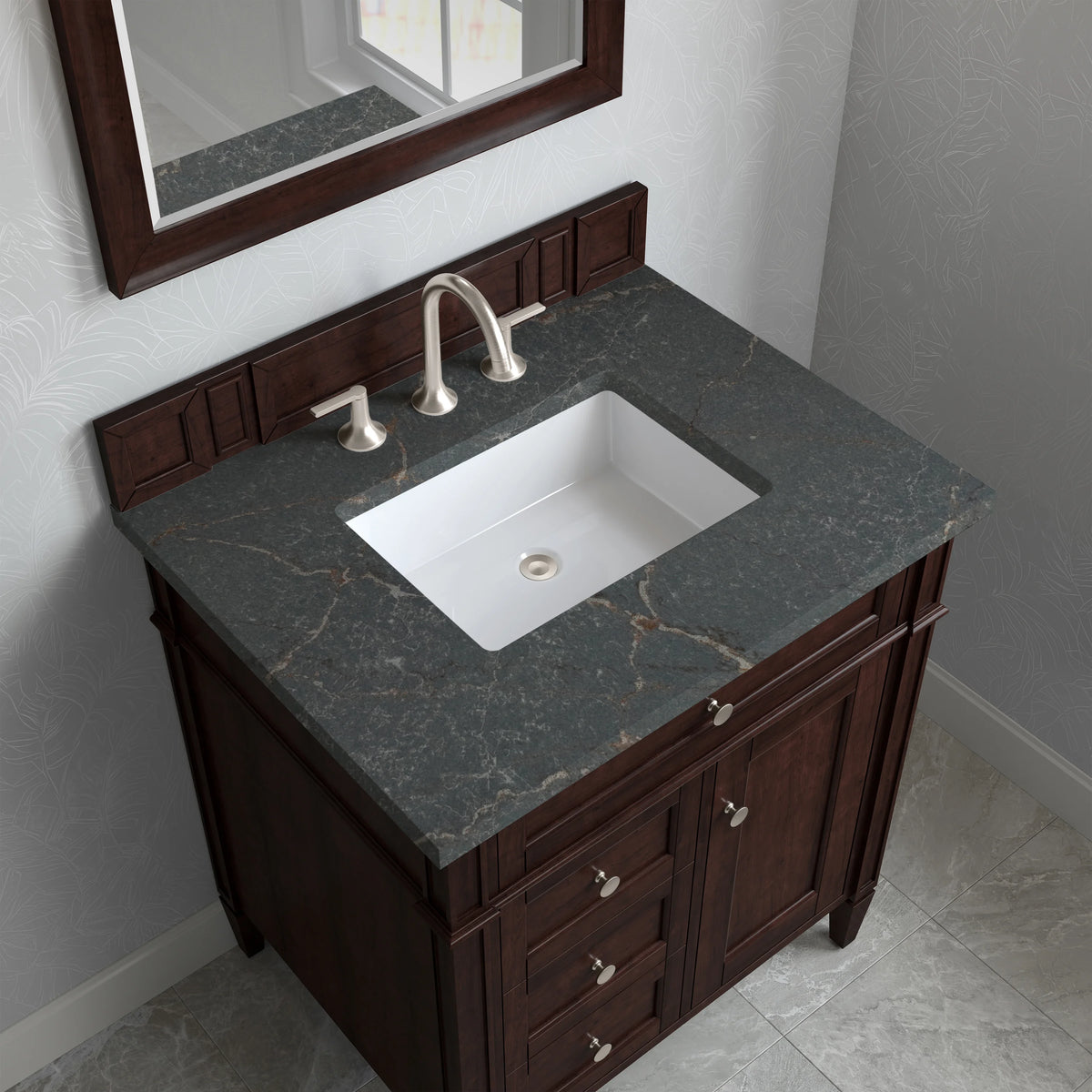 Brittany 30" Single Vanity, Burnished Mahogany, w/ 3 CM Parisien Bleu Silestone Top, view 5