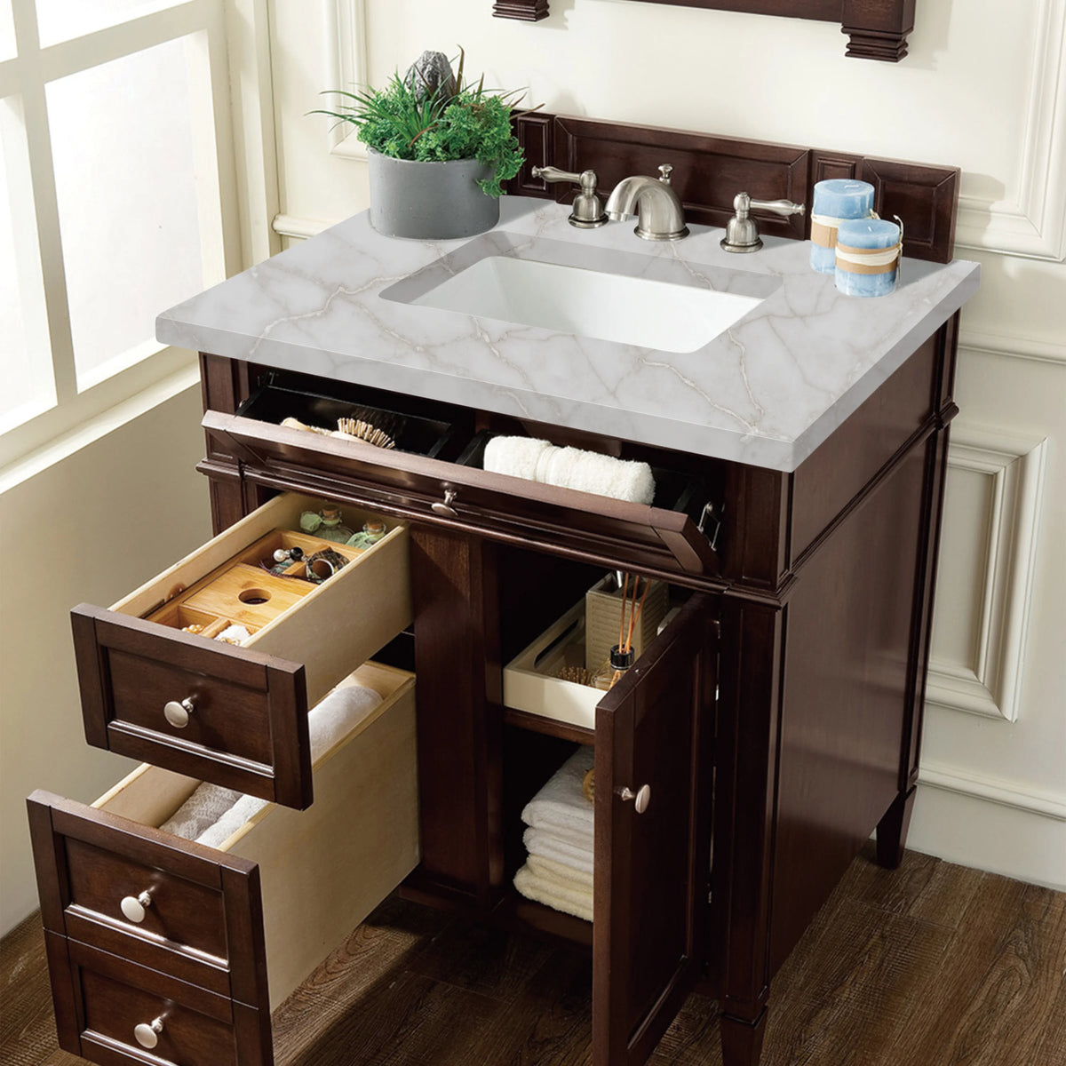 Brittany 30" Single Vanity, Burnished Mahogany, w/ 3 CM Victorian Silver Silestone Top, view 4