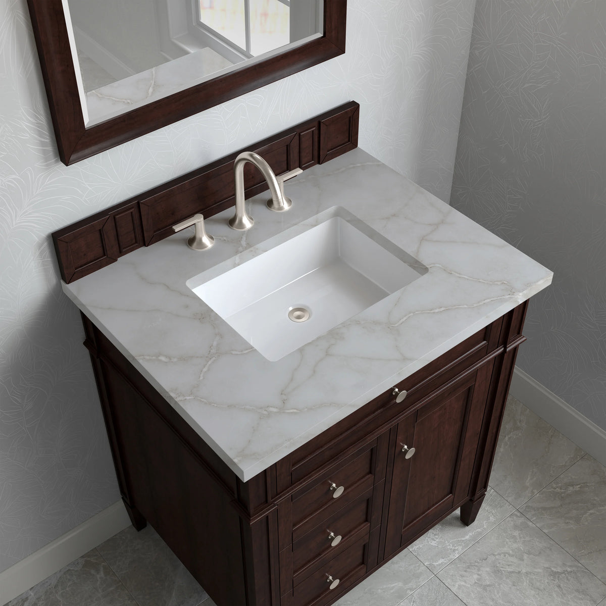 Brittany 30" Single Vanity, Burnished Mahogany, w/ 3 CM Victorian Silver Silestone Top, view 5